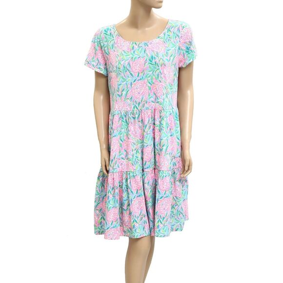 Lilly Pulitzer Geanna Swing Mini Dress Tiered Turtle Printed Cotton L NEW 282953 - Picture 7 of 8